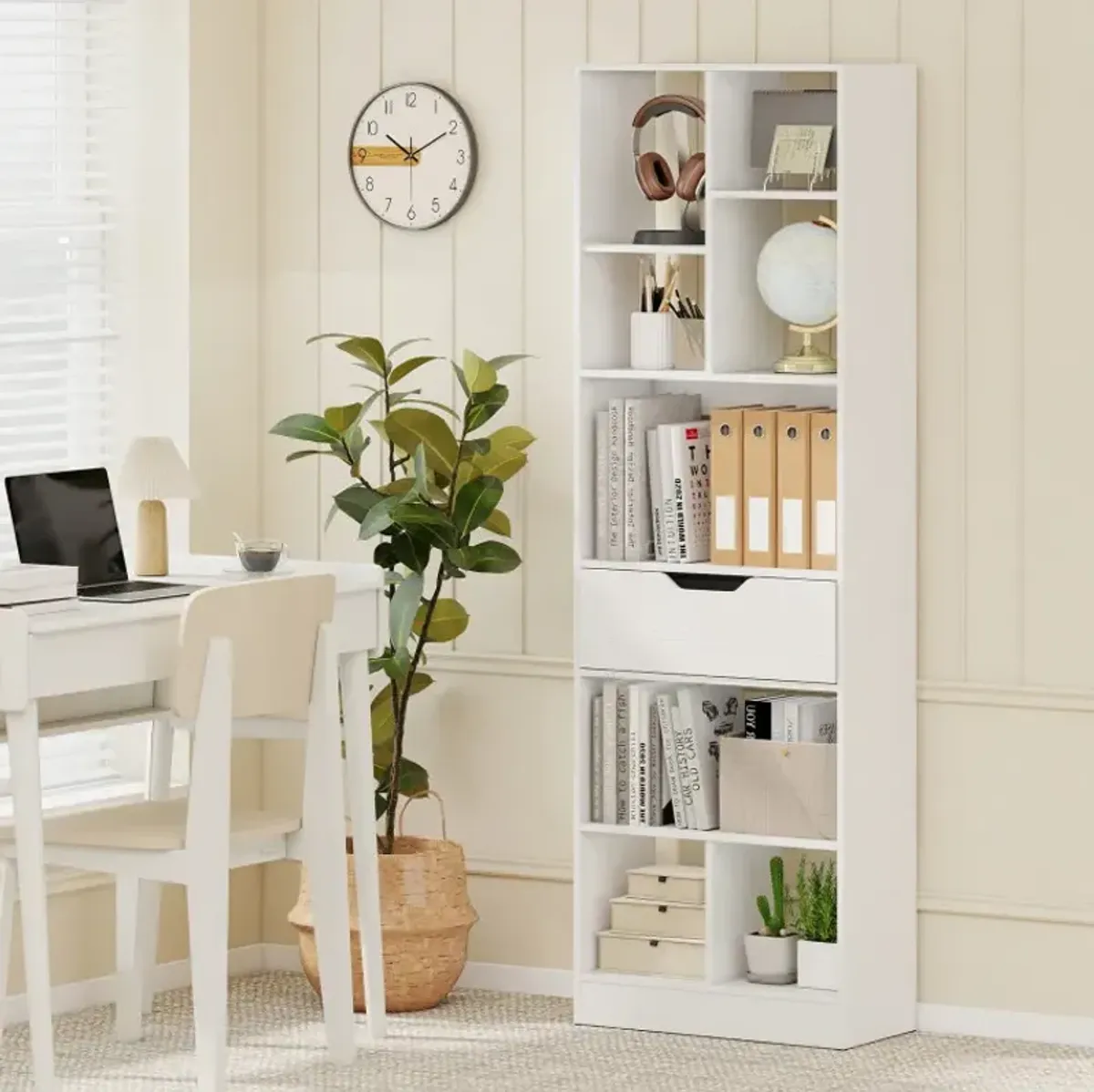 61inch Tall Freestanding Bookcase with Drawer 8-Cube Storage Organizer