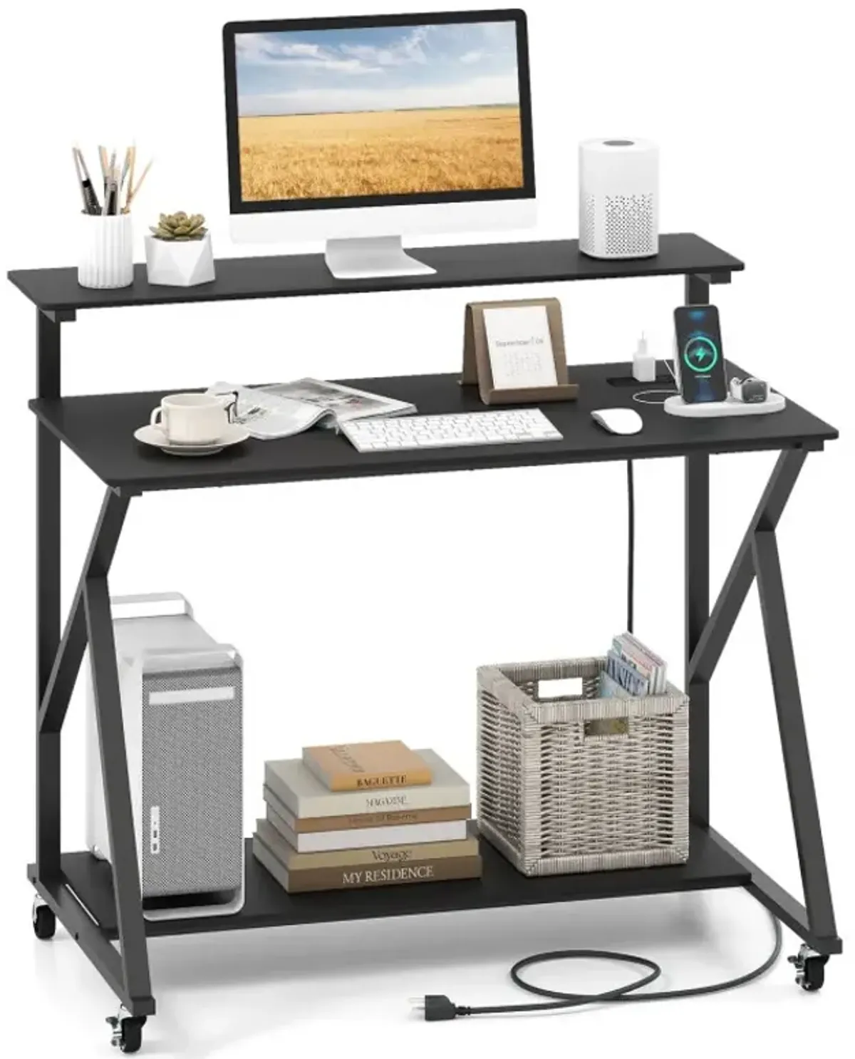 Rolling Computer Desk with Charging Station and Monitor Shelf Storage for Home Office