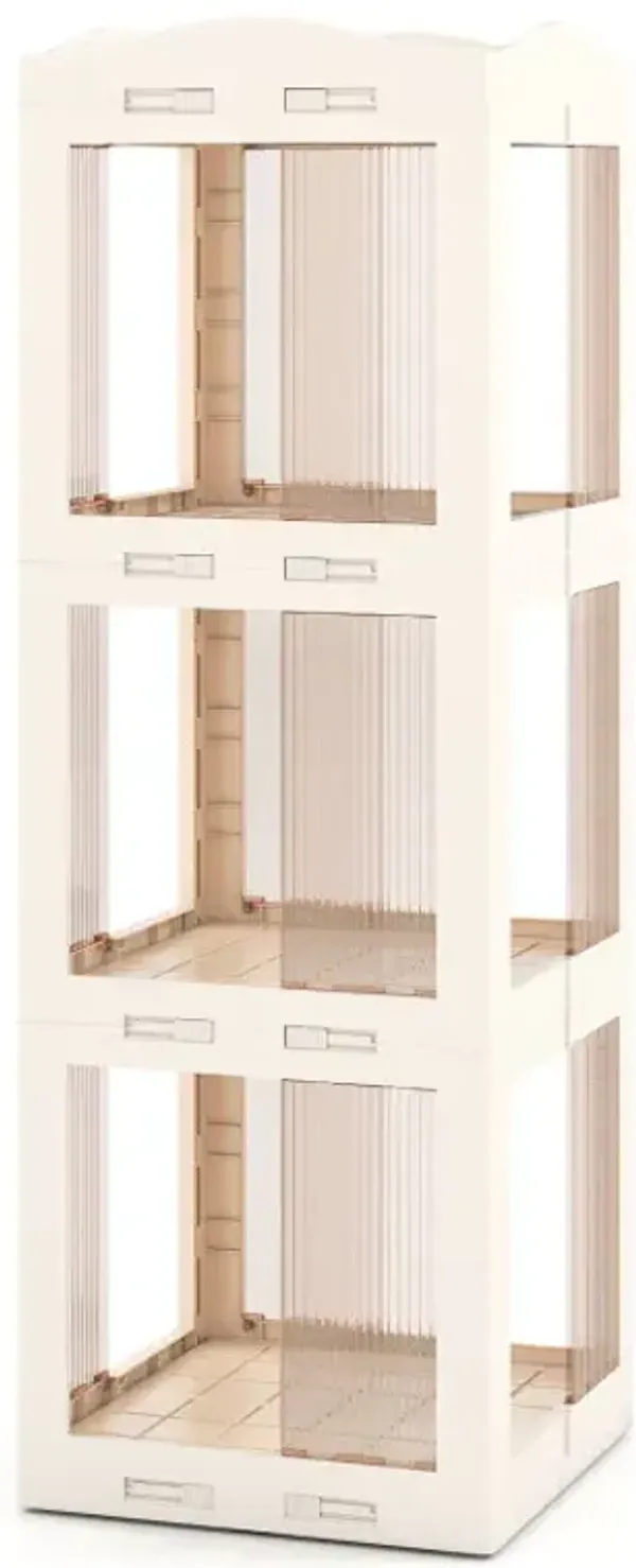 3-Tier Foldable Rotating Bookshelf with Swivel Base and Translucent Panels