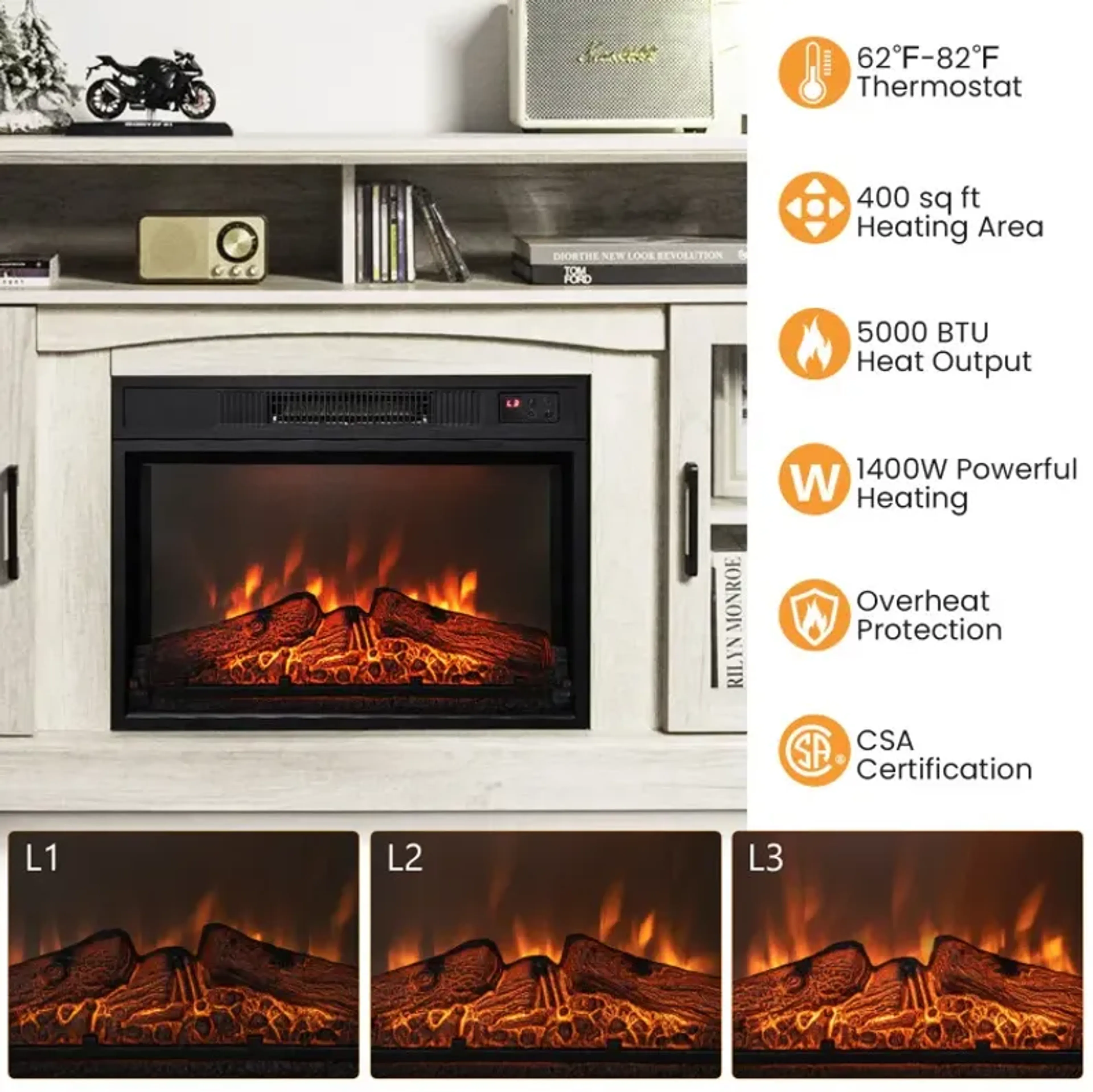 Fireplace Tv Stand For Tvs Up To 65 Inch With Side Cabinets And Remote ...