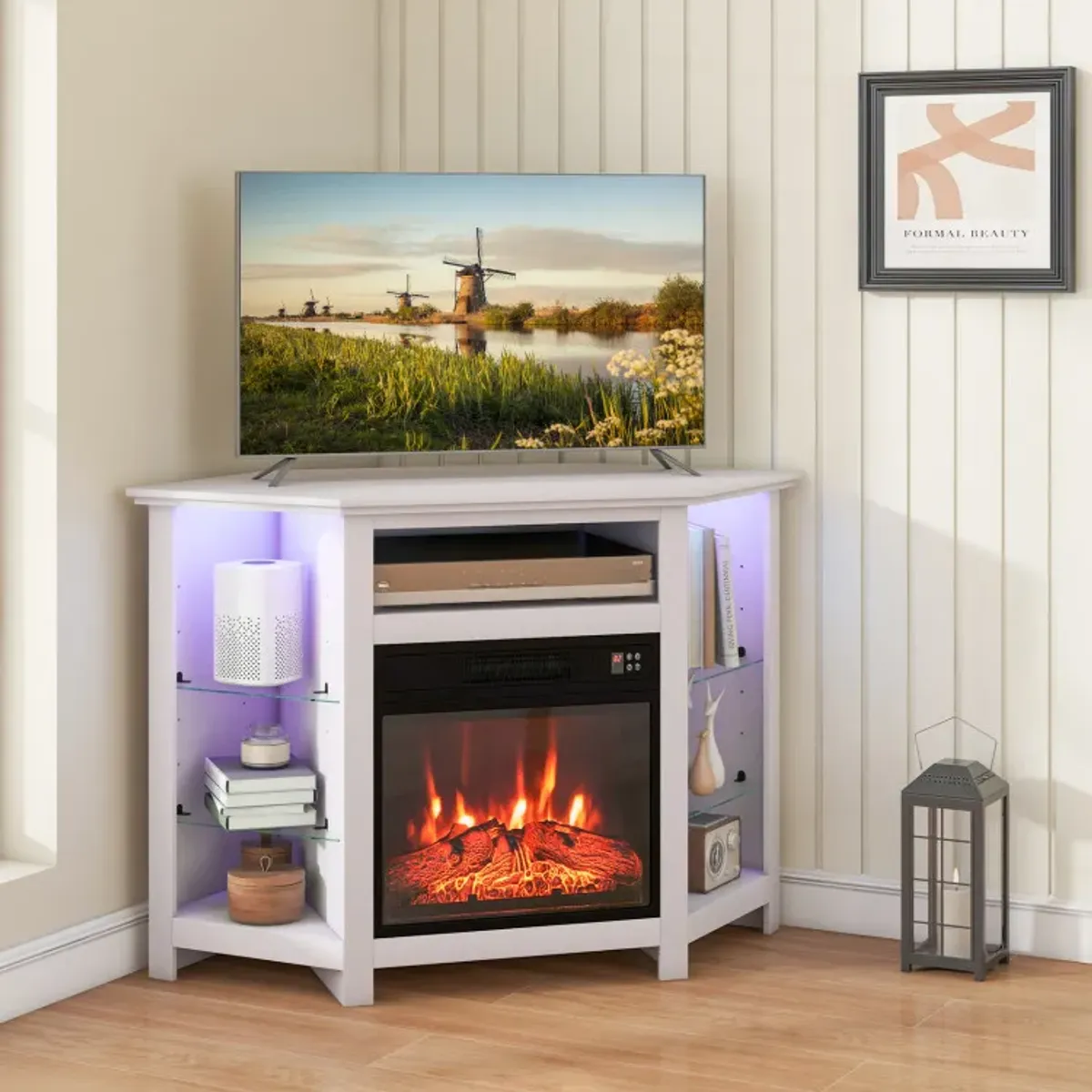 Fireplace Corner TV Stand with LED Lights and Smart APP Control for 50 Inches TV