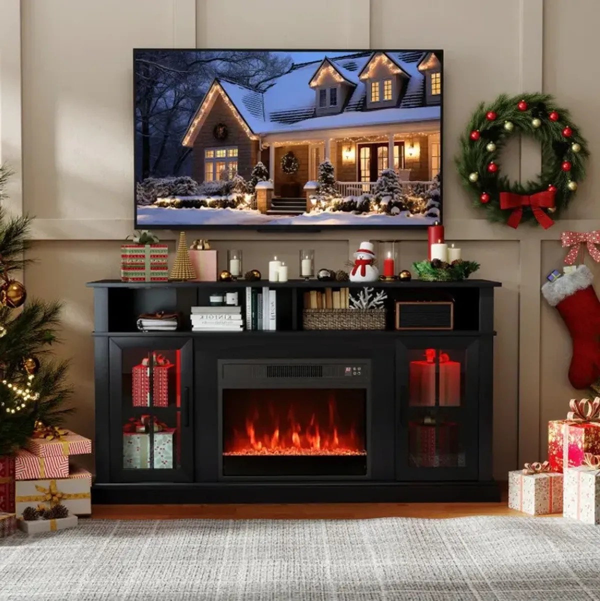 58 Inch Fireplace TV Stand with LED Lights with Storage Cabinets and Glass Doors