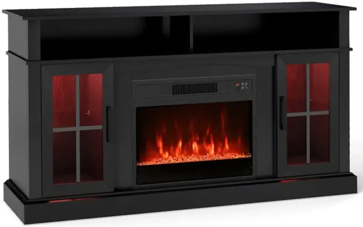 58 Inch Fireplace TV Stand with LED Lights with Storage Cabinets and Glass Doors