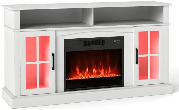 58 Inch Fireplace TV Stand with LED Lights with Storage Cabinets and Glass Doors
