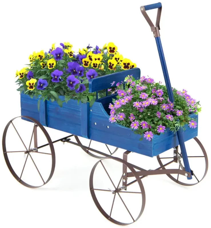 Wooden Wagon Plant Bed with Metal Wheels for Garden Yard Patio