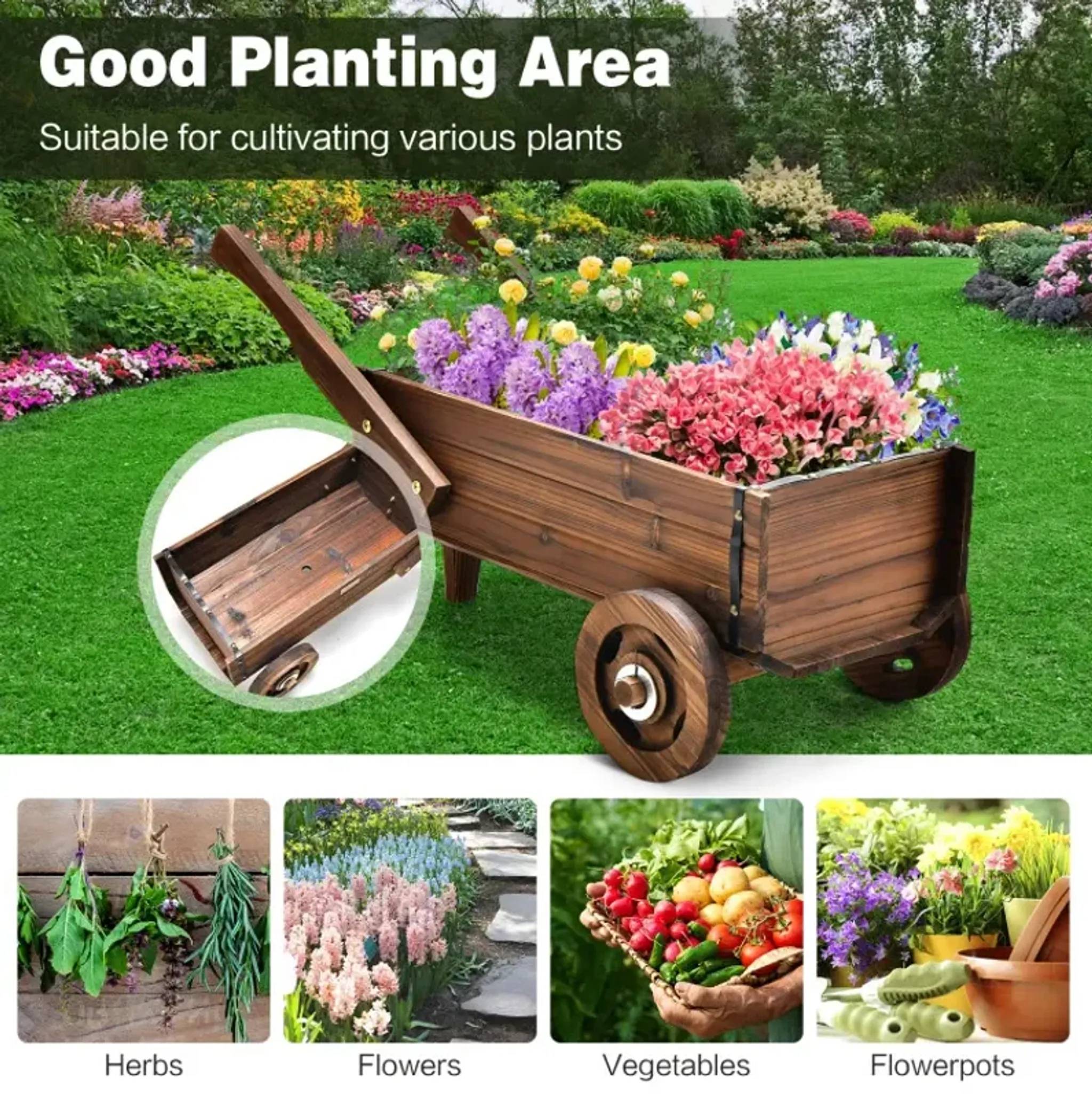Wooden Wagon Planter Box With Wheels Handles And Drainage Hole Costway ...