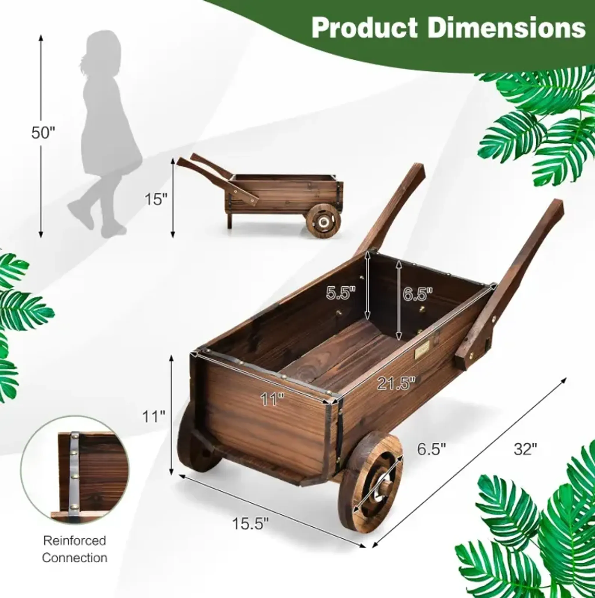 Wooden Wagon Planter Box With Wheels Handles And Drainage Hole Costway ...