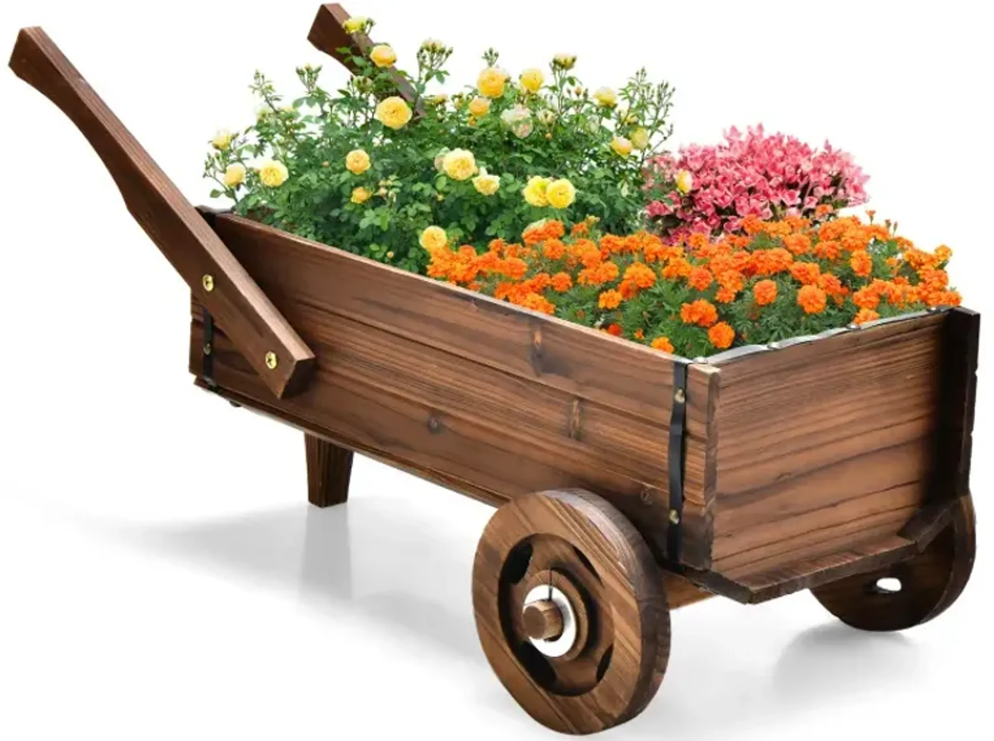 Wooden Wagon Planter Box With Wheels Handles And Drainage Hole Costway ...