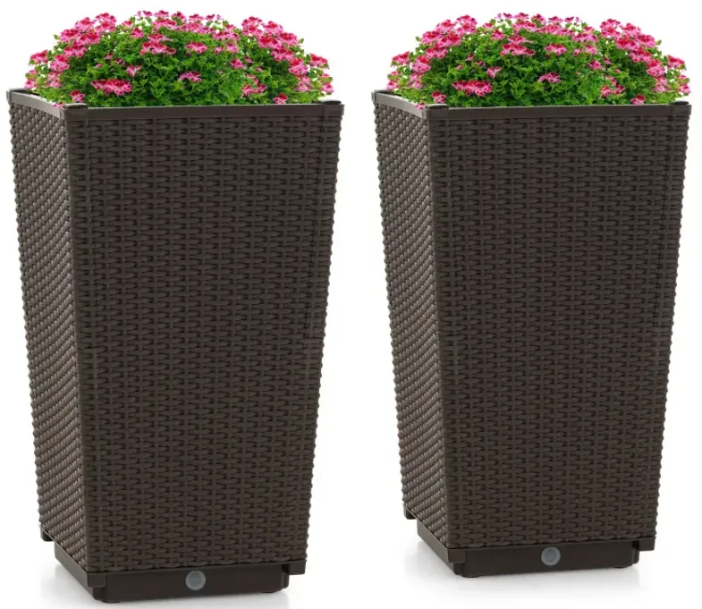 Set of 2 Outdoor Wicker Flower Pot with Drainage Hole for Porch Balcony