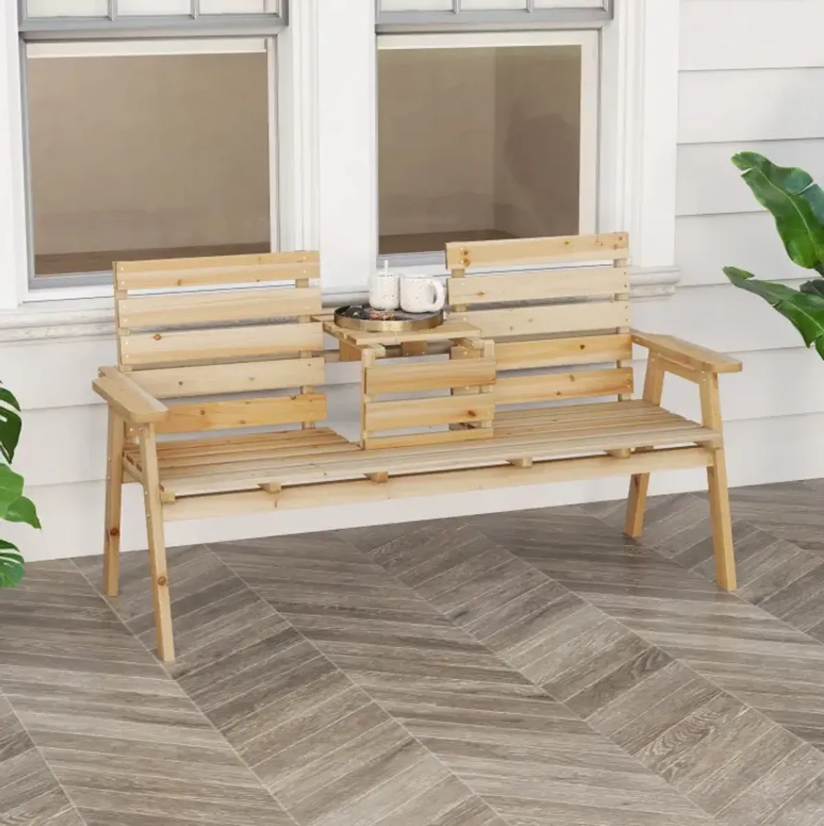 Outdoor Fir Wood Bench with Foldable Middle Table