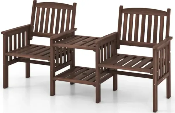 Outdoor Fir Wood Loveseat with 2-Tier Side Table and 1.96" Umbrella Hole