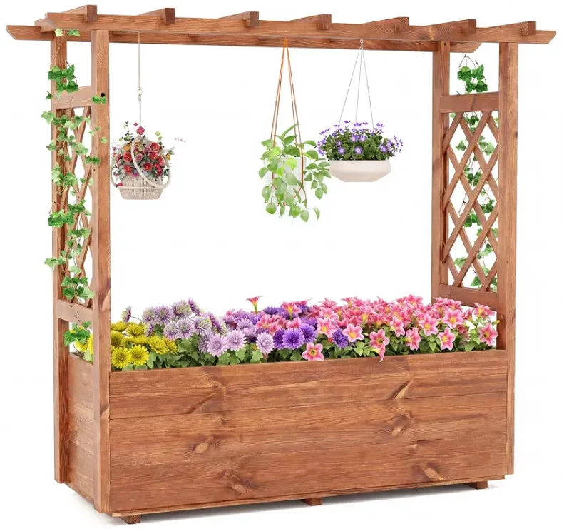 Wooden Elevated Planter Raised Garden Bed with Hanging Roof