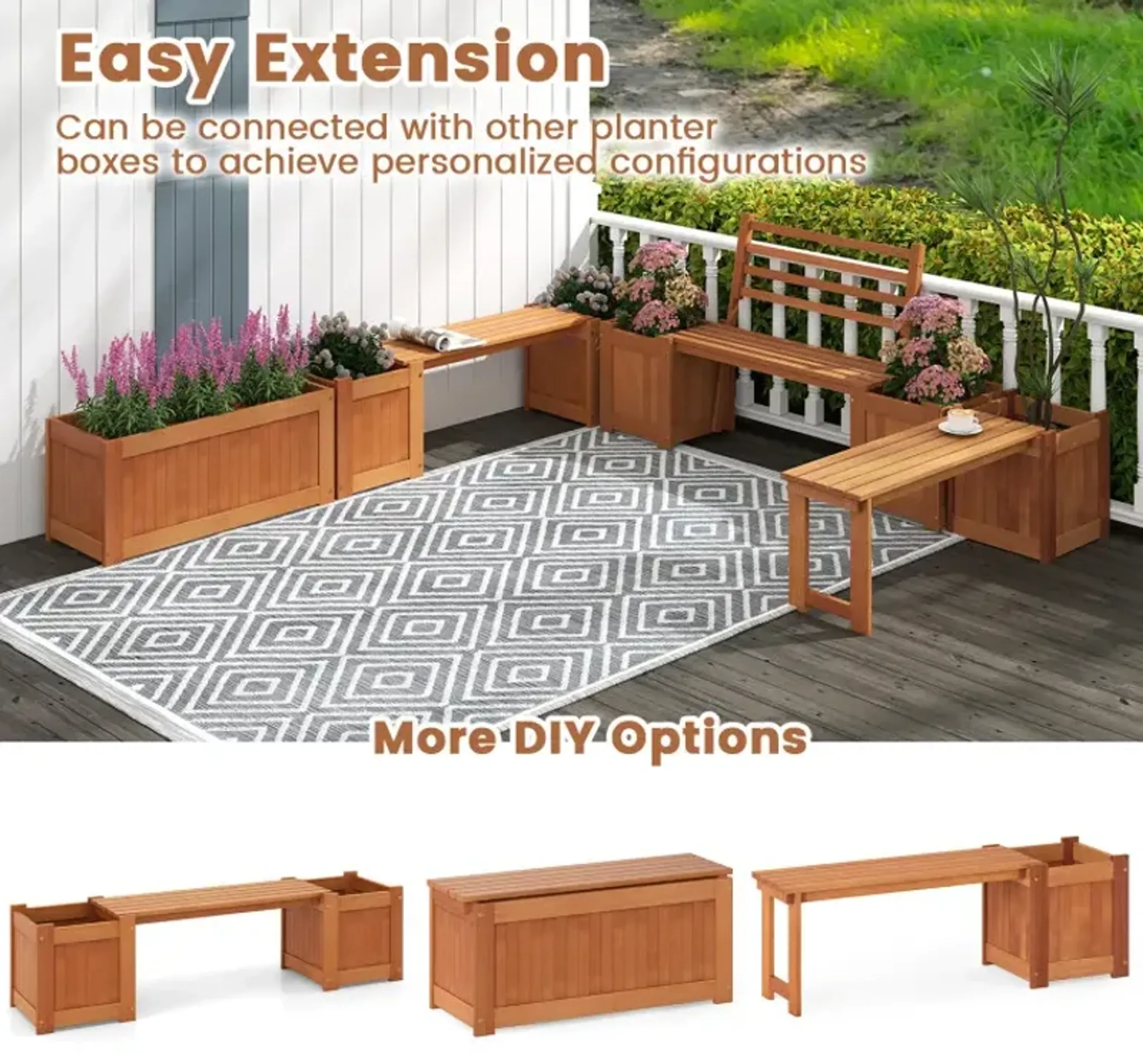 Outdoor Planter Box Wooden Bench Set with 2 Open-ended Planter Boxes ...
