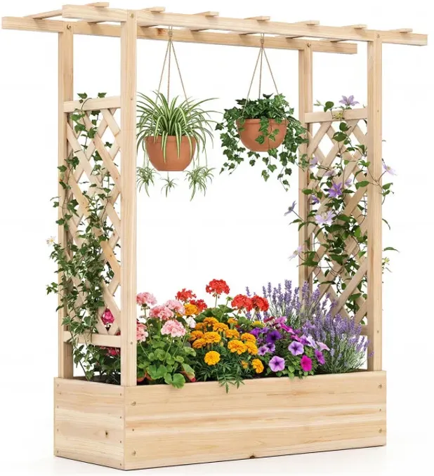 45 inch Tall Wooden Raised Garden Bed with Side Trellis and Hanging Roof