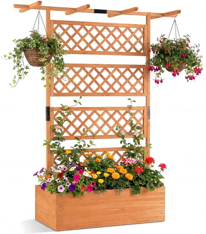 Wooden Planter Box with Lattice Trellis Raised Garden Bed Privacy Screen with Flat Roof