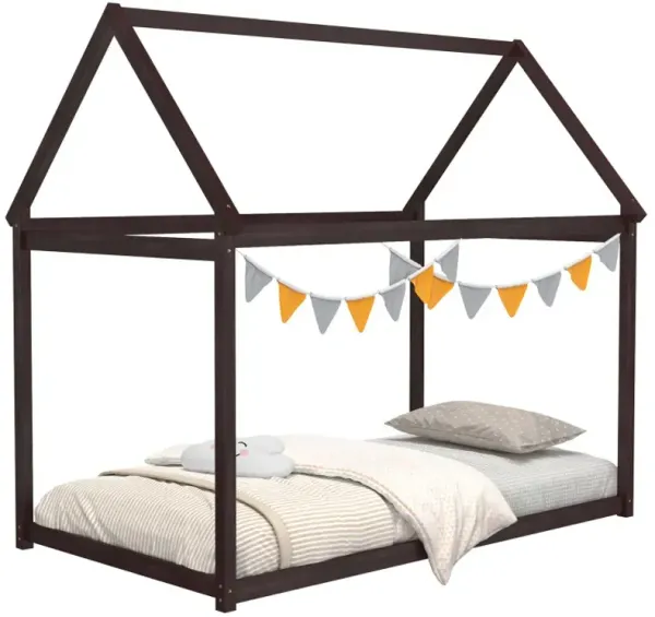 Twin Size Kids House Bed Wood Frame with Roof