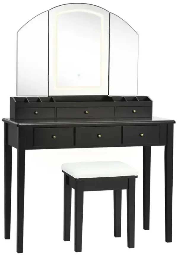 Vanity Table Stool Set with Large Tri-folding Lighted Mirror