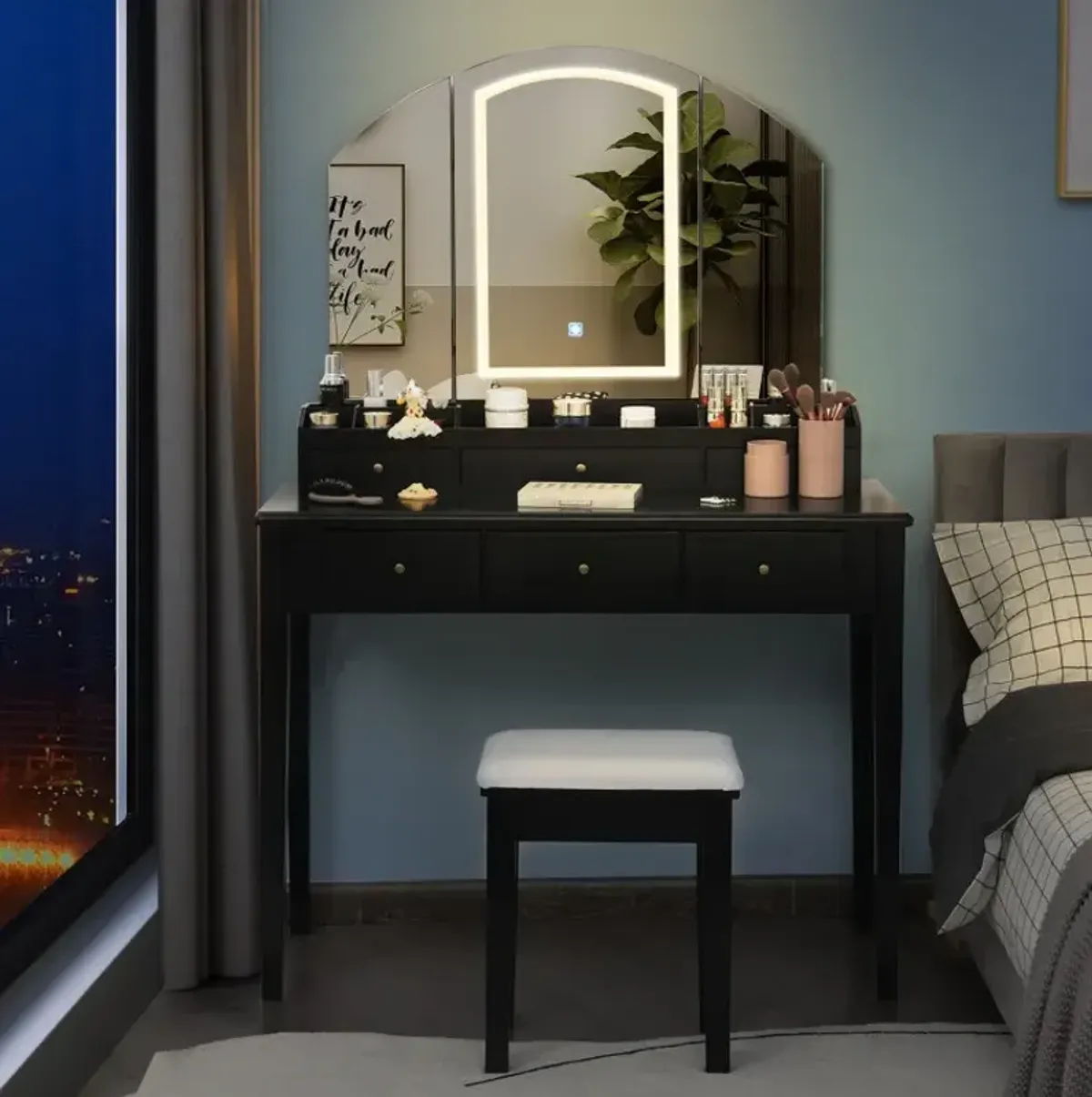 Vanity Table Stool Set with Large Tri-folding Lighted Mirror