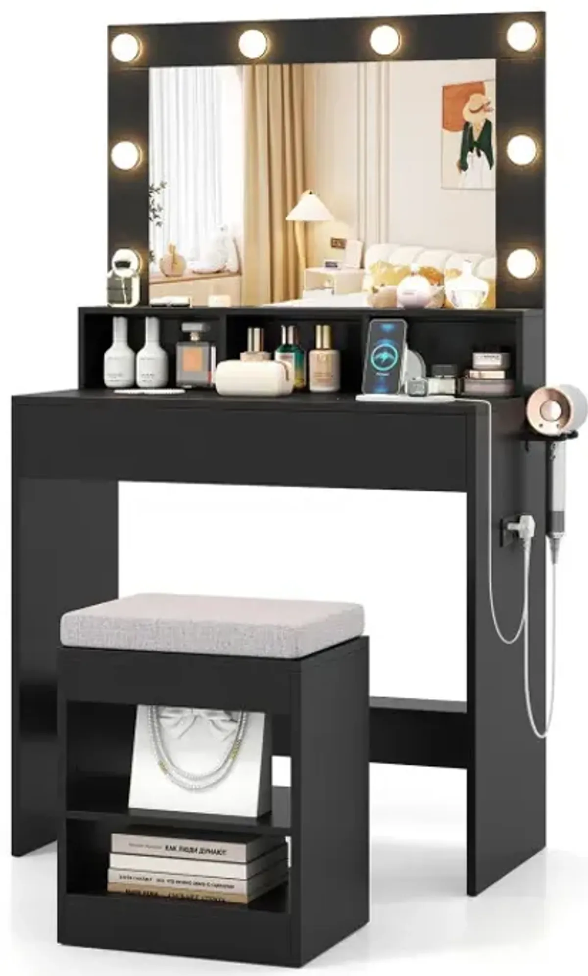 Vanity Table Set with Lighted Mirror and Cushioned Stool