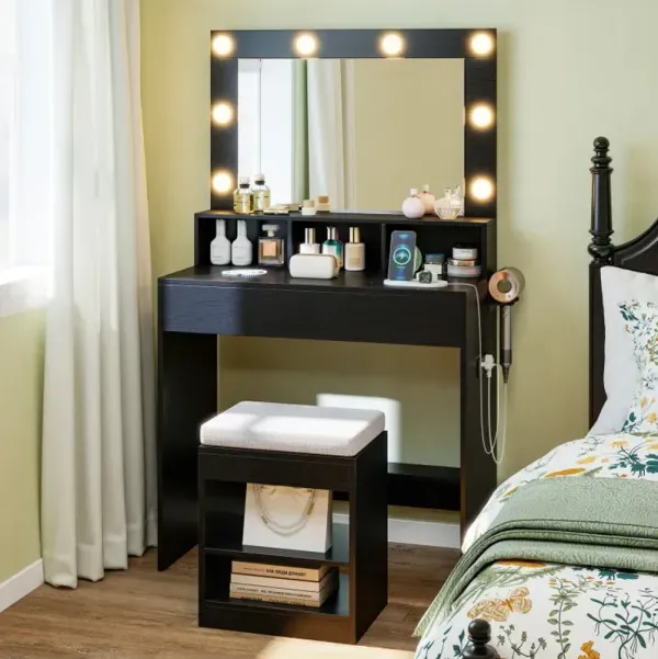 Vanity Table Set with Lighted Mirror and Cushioned Stool
