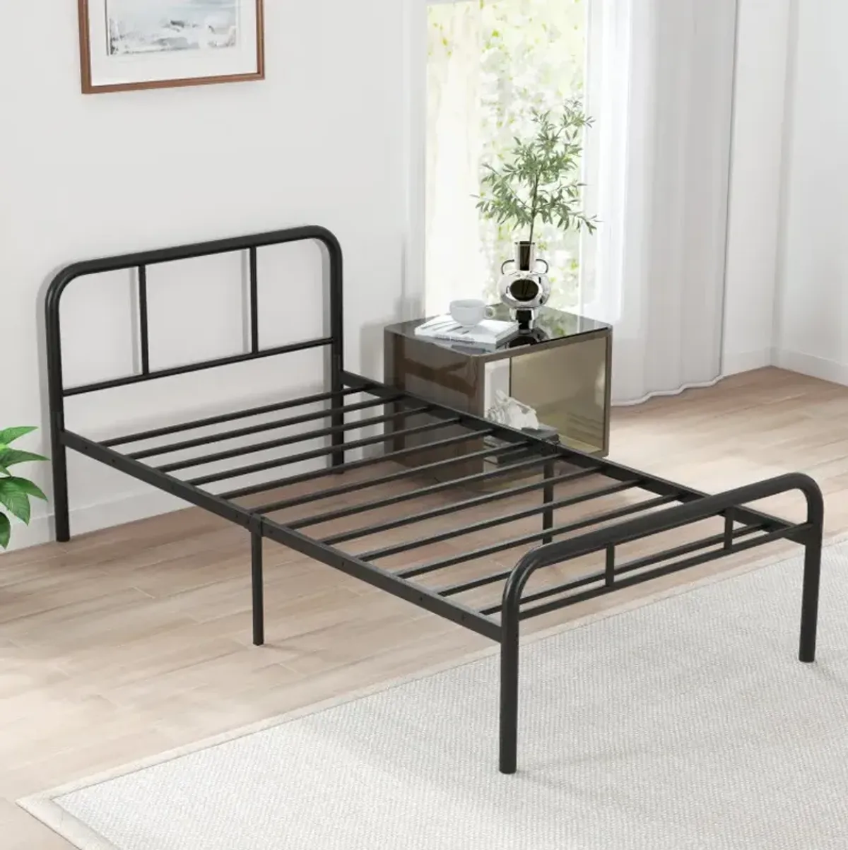 Twin Size Modern Metal Bed Frame with Curved Headboard and Footboard
