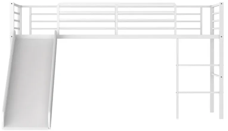 Twin Metal Loft Bed with Slide Safety Guardrails and Built-in Ladder