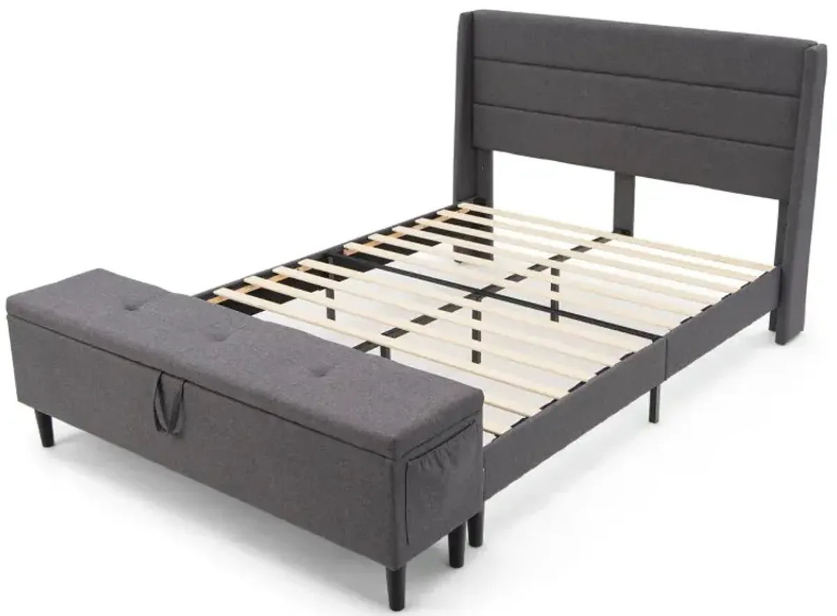 Full/Queen Upholstered Bed Frame with Headboard and Storage Ottoman