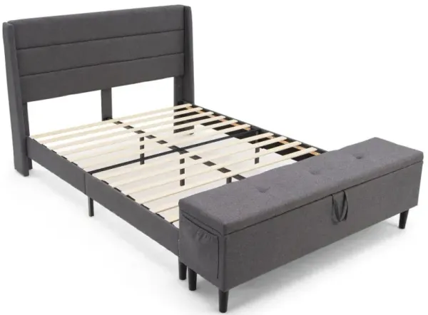 Full/Queen Upholstered Bed Frame with Headboard and Storage Ottoman