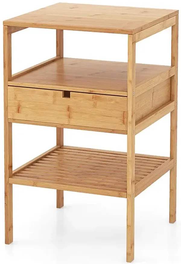 Nightstand Bamboo End Table with 2 Open Shelves and Drawer