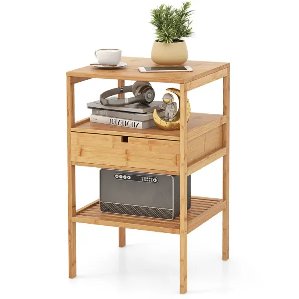 Nightstand Bamboo End Table with 2 Open Shelves and Drawer