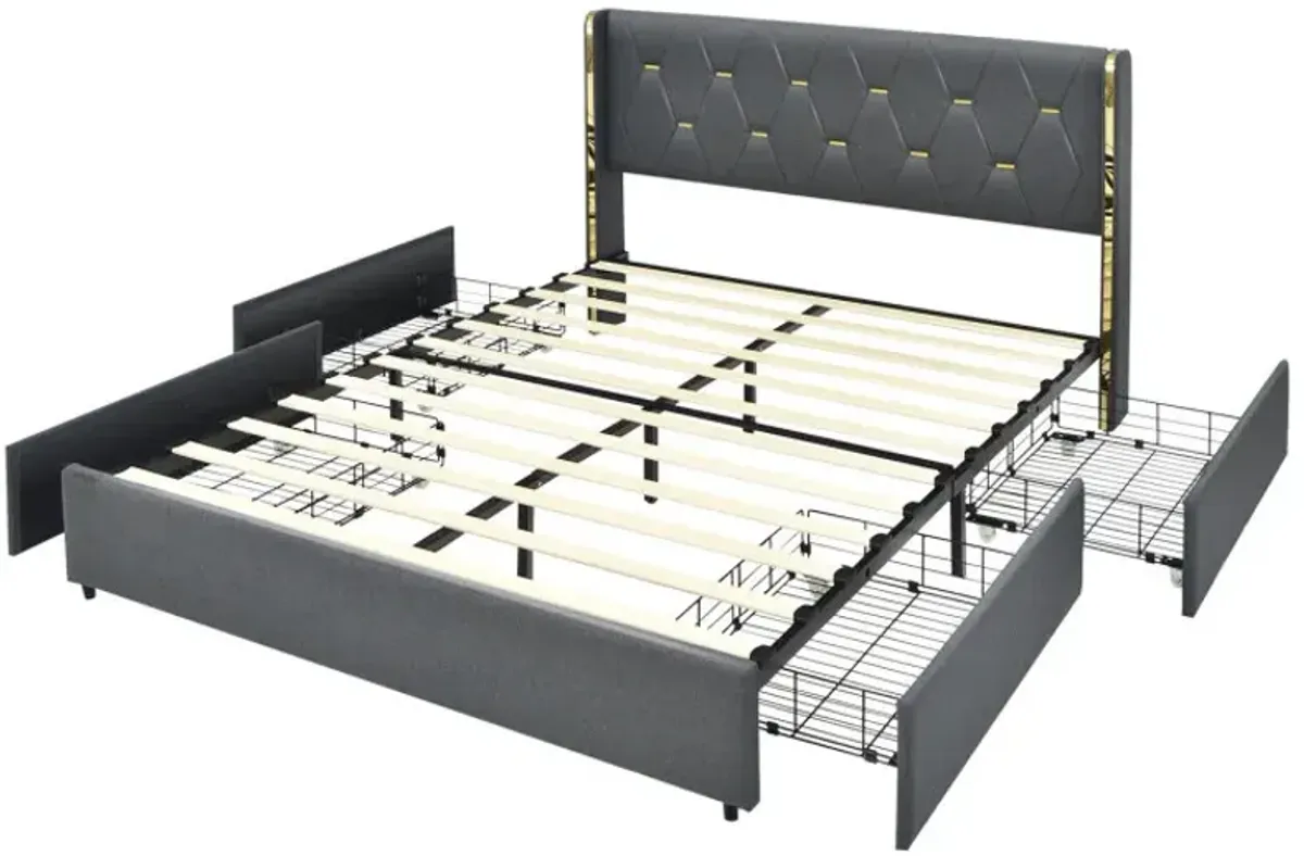 Full/Queen Size Upholstered Bed Frame with 4 Storage Drawers