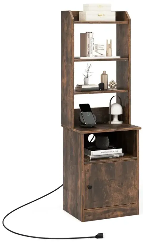 6-Tier Bookshelf Nightstand with Charging Station and Cabinet