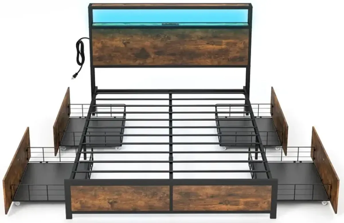 Full/Queen Size Bed Frame with Smart LED Lights and Storage Drawers