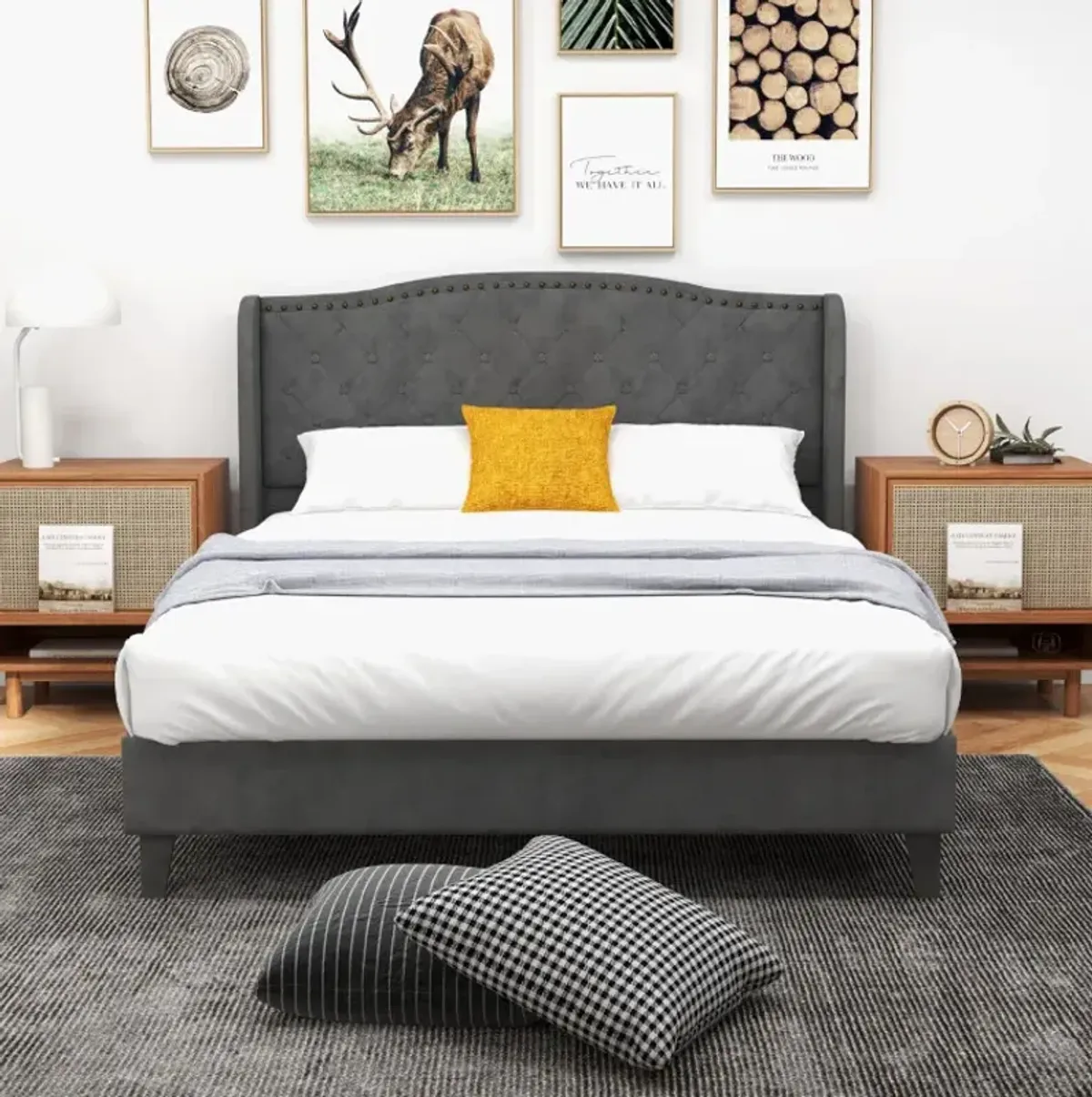 Full/Queen Size Upholstered Platform Bed Frame with Button Tufted Headboard