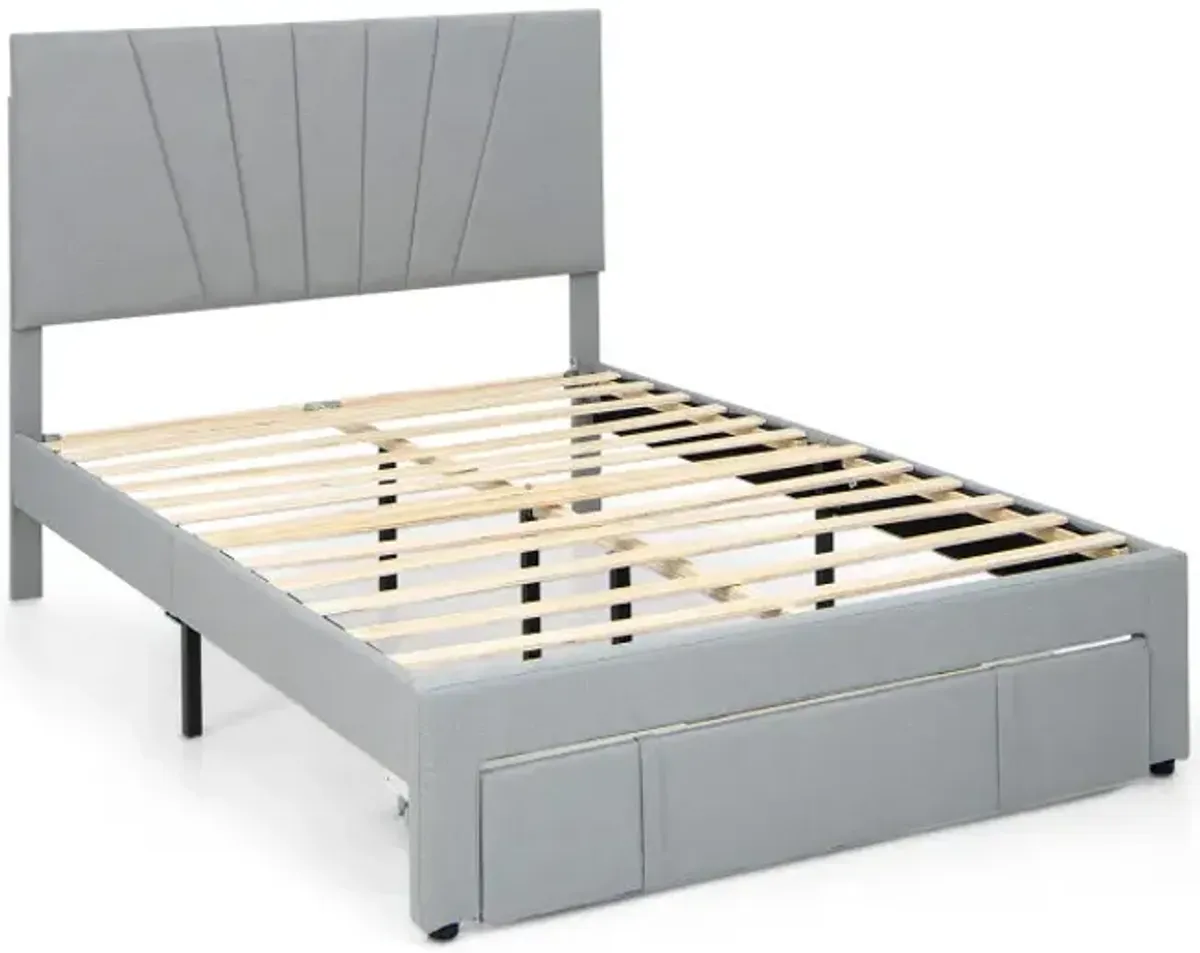 Full/Queen Size Upholstered Bed Frame with Drawer and Adjustable Headboard