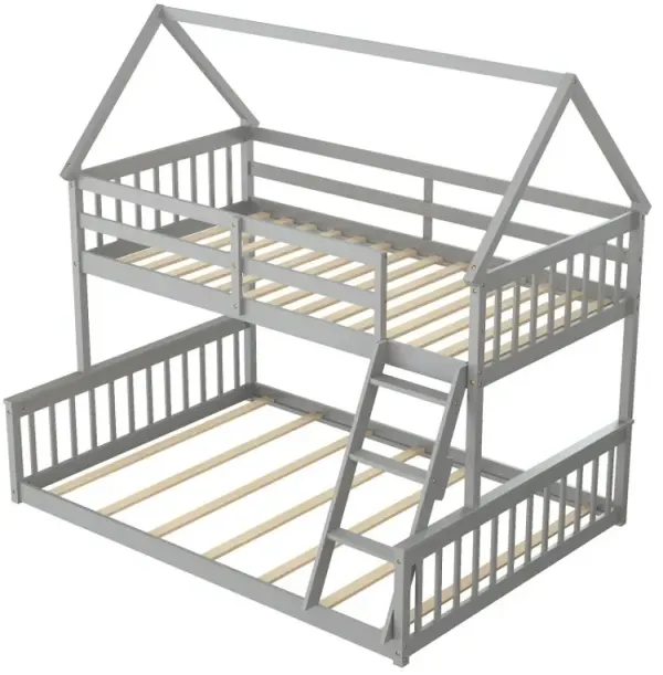 Twin Over Full House Bunk Bed with Ladder and Guardrails