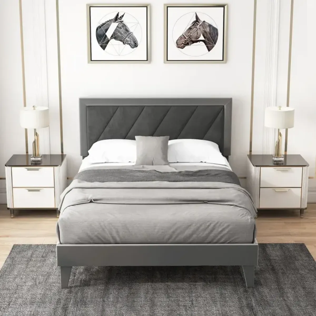 Twin/Full/Queen Platform Bed with High Headboard and Wooden Slats