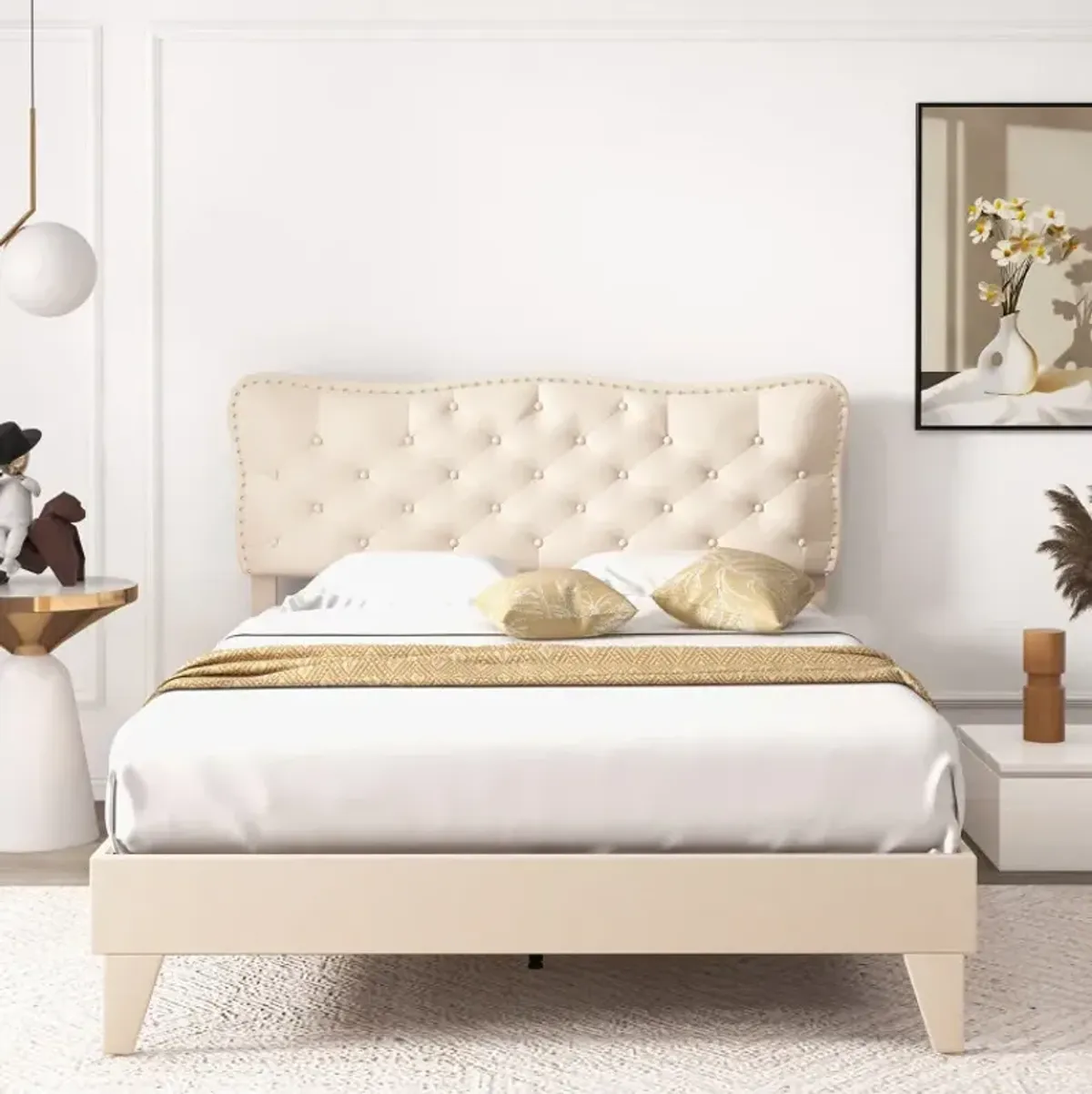 Full/Queen Size Bed Frame with Nail Headboard and Wooden Slats