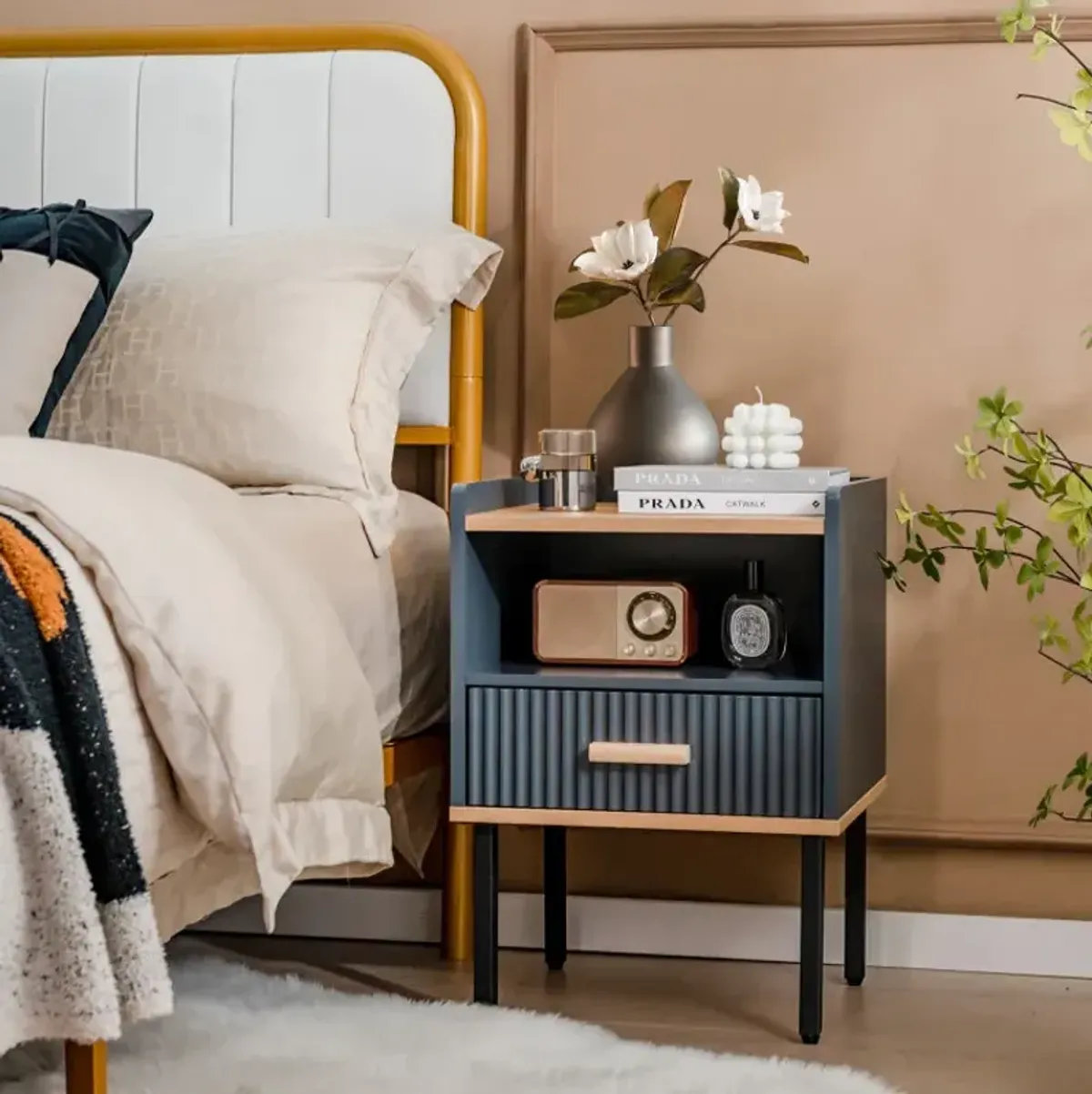 Nightstand Bedside End Table with Drawer and Shelf for Living Room Bedroom