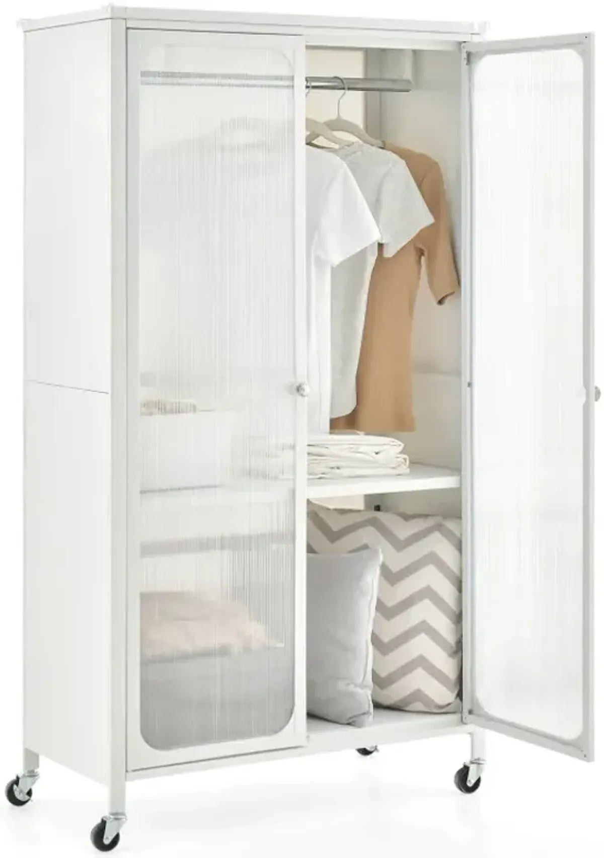 Rolling Storage Armoire Closet with Hanging Rod and Adjustable Shelf