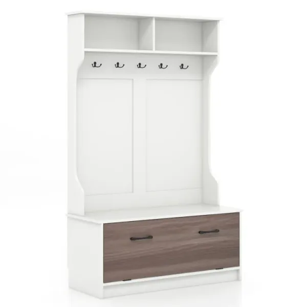 3 in 1 Coat Rack with Entryway Bench and Hooks and Enclosed Cabinet