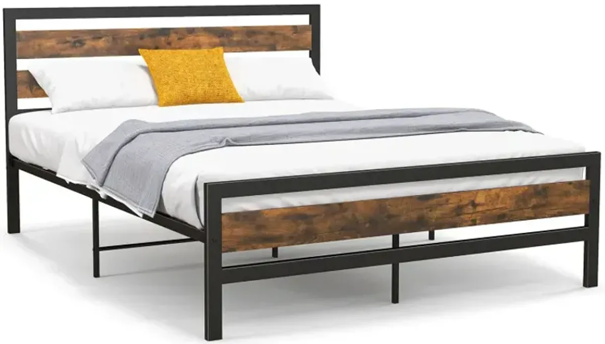 Full/Queen Industrial Bed Frame with Rustic Headboard and Footboard