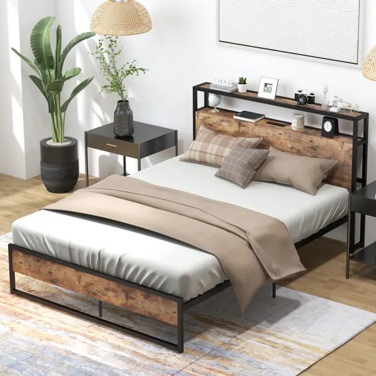 Full/Queen Bed Frame with 2-Tier Storage Headboard and Charging Station