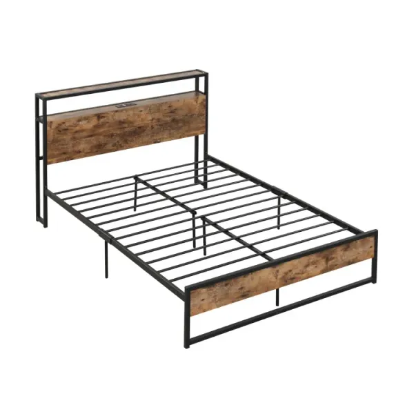 Full/Queen Bed Frame with 2-Tier Storage Headboard and Charging Station