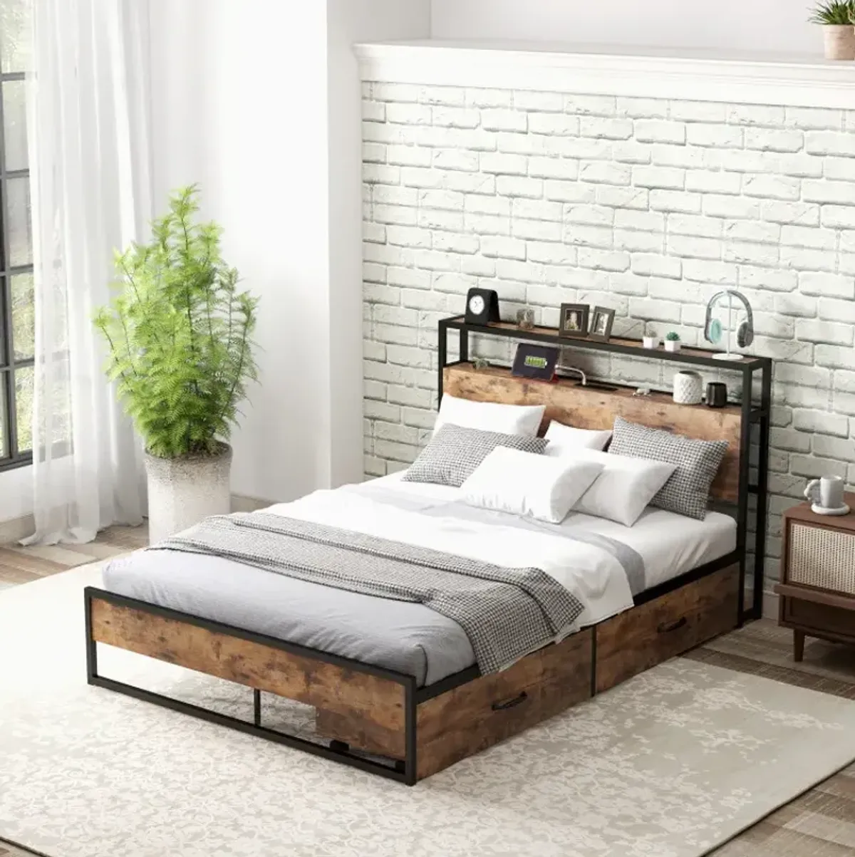 Full/Queen Bed Frame with 2 Storage Drawers and Charging Stationn