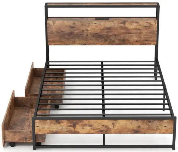 Full/Queen Bed Frame with 2 Storage Drawers and Charging Stationn