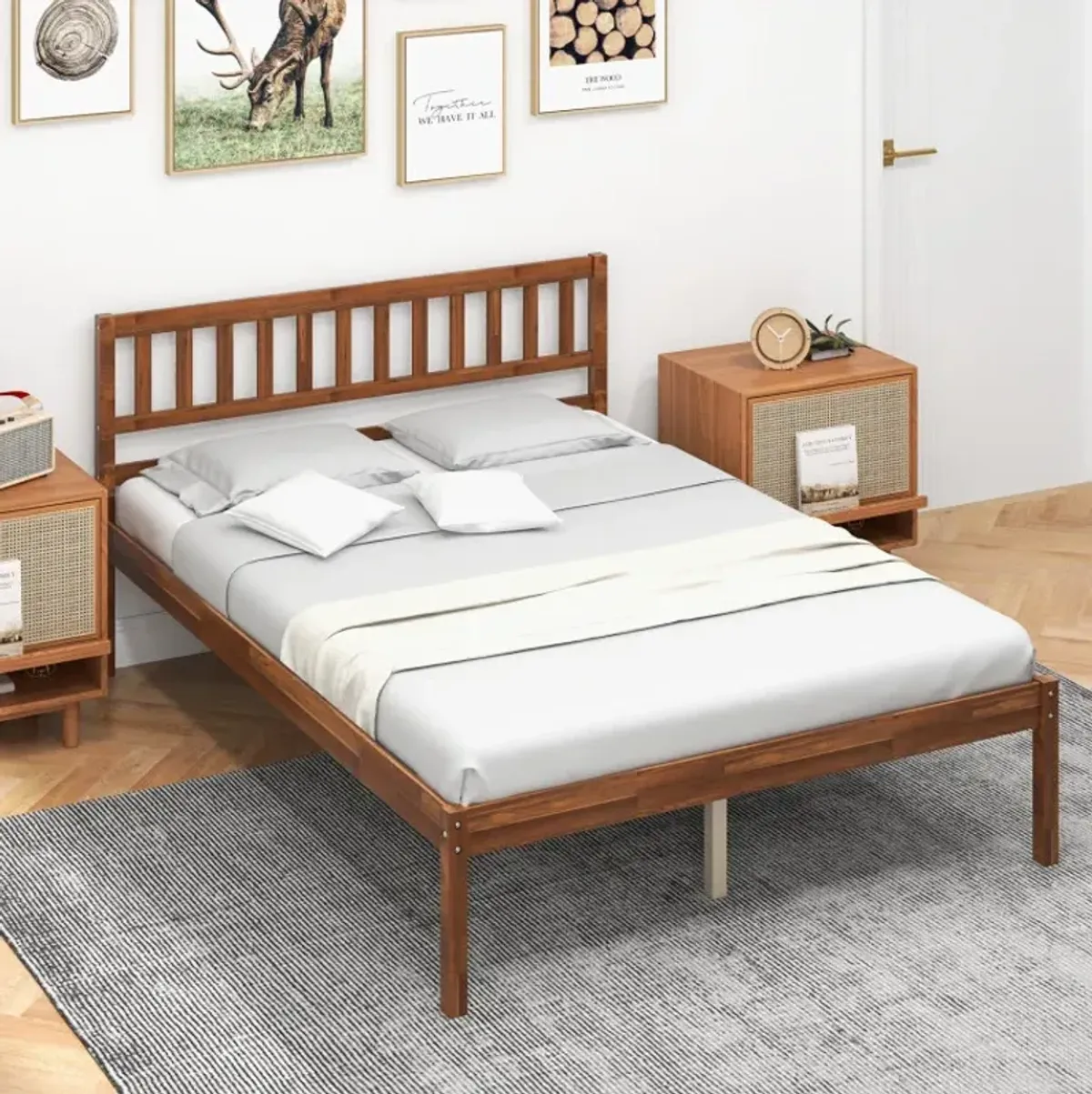 Twin/Full/Queen Size Wood Bed Frame with Headboard and Slat Support