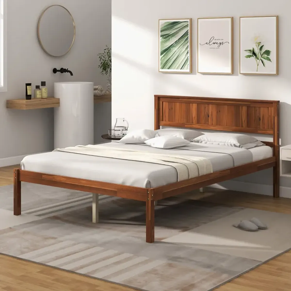 Twin/Full/Queen Size Bed Frame with Wooden Headboard and Slat Support