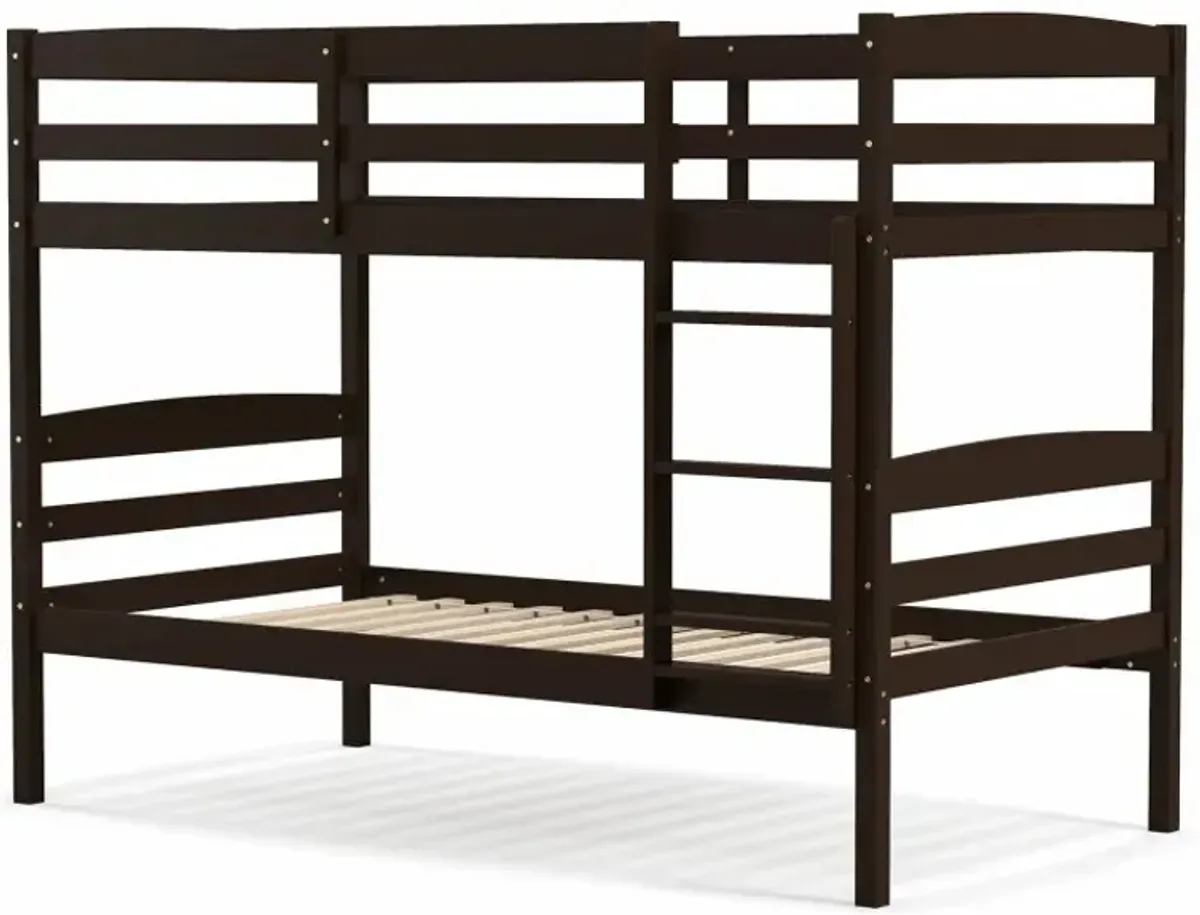 Solid Wood Twin Over Twin Bunk Bed Frame with High Guardrails and Integrated Ladder