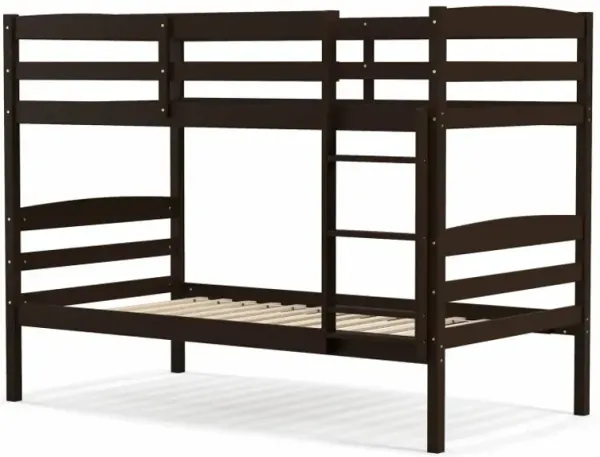 Solid Wood Twin Over Twin Bunk Bed Frame with High Guardrails and Integrated Ladder